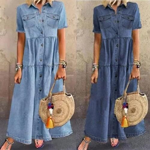 Helisopus Denim Style Long Dress European and American Retro Short Sleeve Turn Down Collar Button Plus Size Womens Clothing