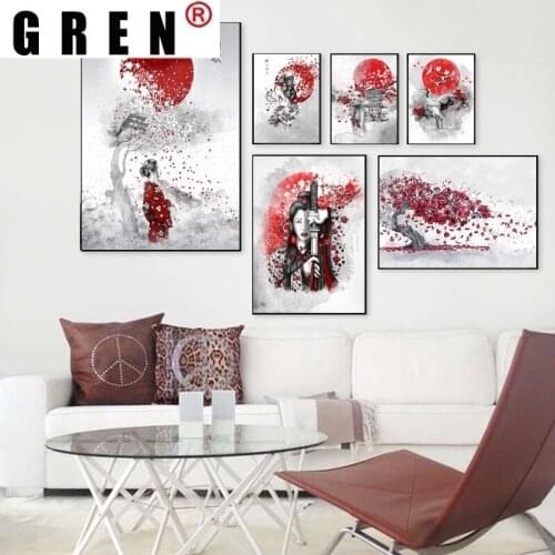 GREN Abstract Canva Painting Poster Print Japanese Woman Sun Building Nordic Wall Art Picture Home Decor Living Room Unframed