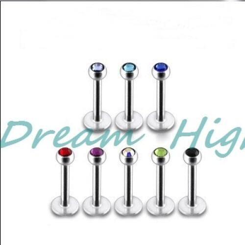 Free Shipping Labret Ring Lip Piercing Crystal Gem Stone Fashion Body Jewelry 316L Stainless Steel 16G 6mm 8mm 10mm bar