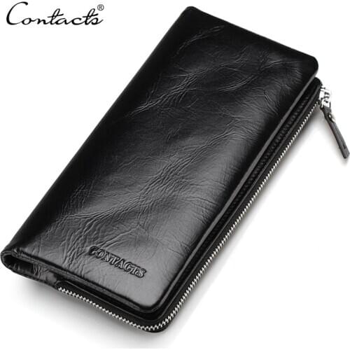 CONTACTS Genuine Leather Wallets Vintage Style Men Wallet Fashion Brand Purse Card Holder Long Clutch Wallet 20PCS/lot