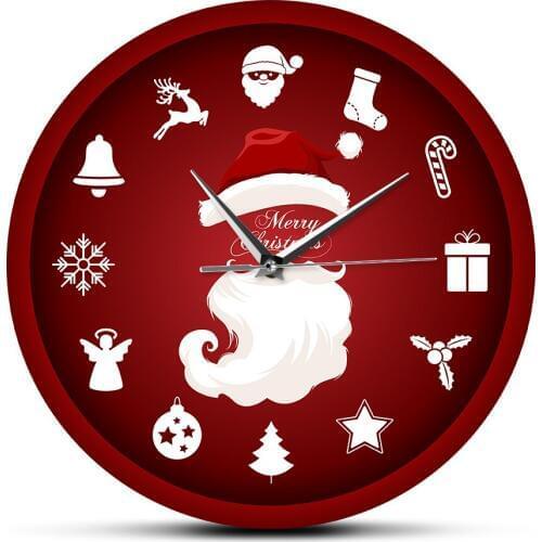Red Merry Christmas Saat reloj de pared Watch New Year Santa Clause Colorful Print Acrylic Slient Non-Ticking Wall Clock