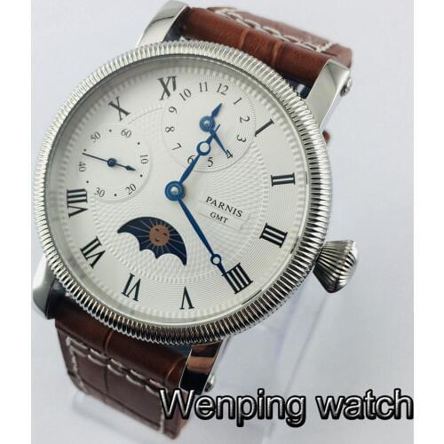 Parnis 43mm mens top mechanical watches white dial GMT leather hand winding movement mens watch