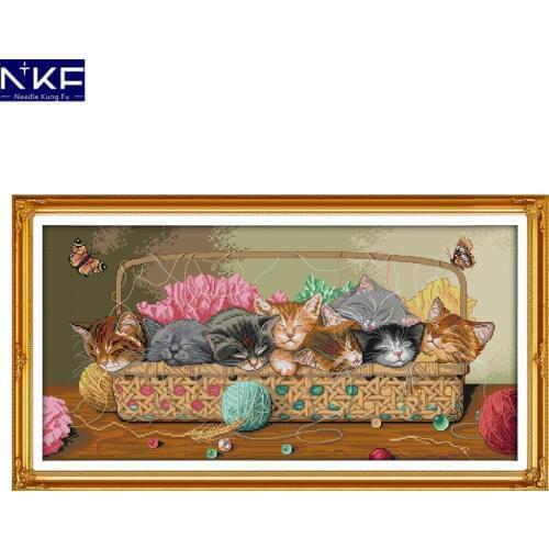 NKF Newborn Kittens In The Basket Pattern DIY Handmade Craft Cross Stitch Set Embroidery Kit Animal Design Stitching Home Decor