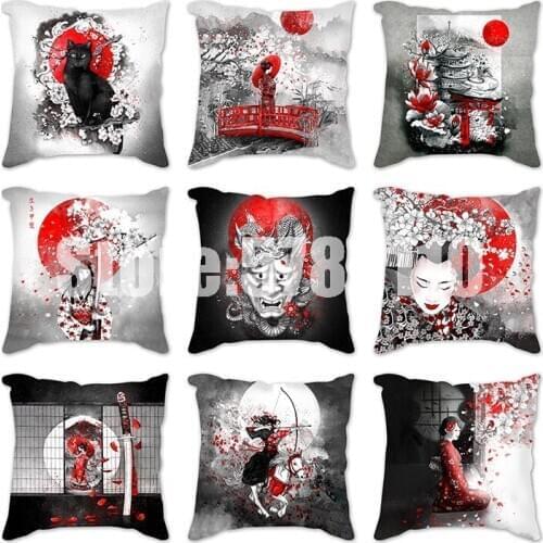 Pillow Cover 45x45cm Japanese swallow black cat samurai woman Cushion Cover Polyester Flower Pillowcase For Sofa Home Kids Room