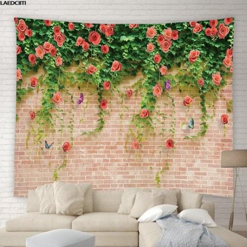 Retro Floral Brick Wall Tapestry Green Plants Flower Vines Scenery Background Hanging Cloth Country Farmhouse Bedroom Home Decor