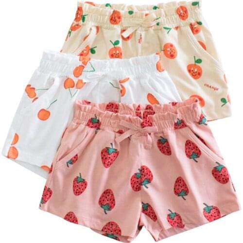 2021 New Summer Children Clothing Girls Cotton Shorts Kids Elastic Waist Casual Pants Girl Strawberry Cherry Printing Beachwear
