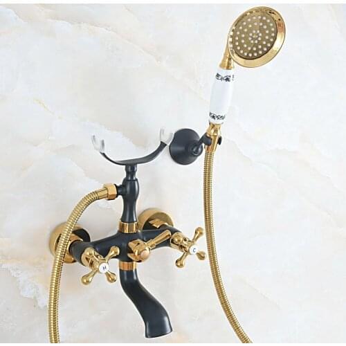 Black Oil Rubbed & Gold Brass 2 Handle Wall Mount Bathroom Bath Tub Faucet Set with 1.5M Hand Held Shower Spray Mixer Tap 2na527