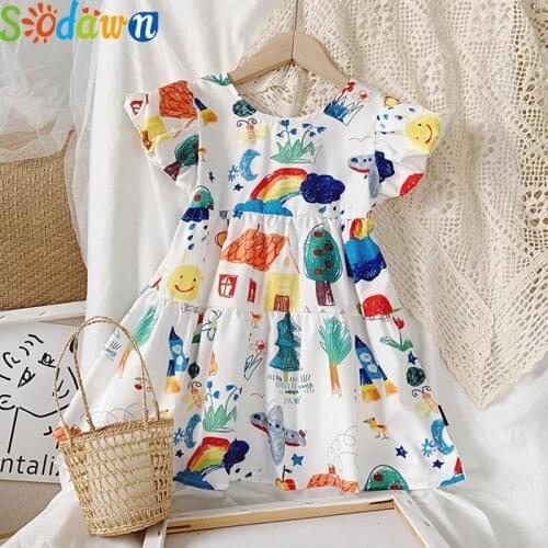 Sodawn Girls Dress Summer Sweet Puff Sleeve Cartoon Graffiti Printed Priness Party Toddler Clothes For 2-6Y