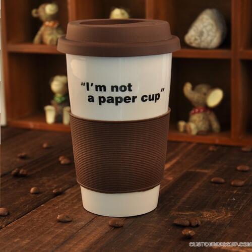SPSCO wholesale double wall Ceramic mug , I'm not a paper cup ,travel mug with silicone lid