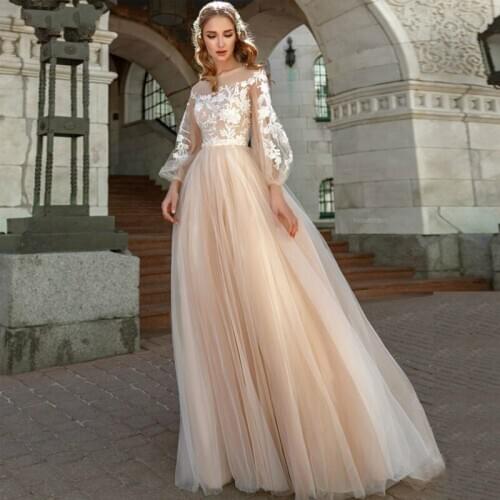 Wedding Dresses Lace Appliques A-Line Beach Lantern Sleeves Tulle Boho Wedding Gowns Elegant Princess Wedding Party Dress