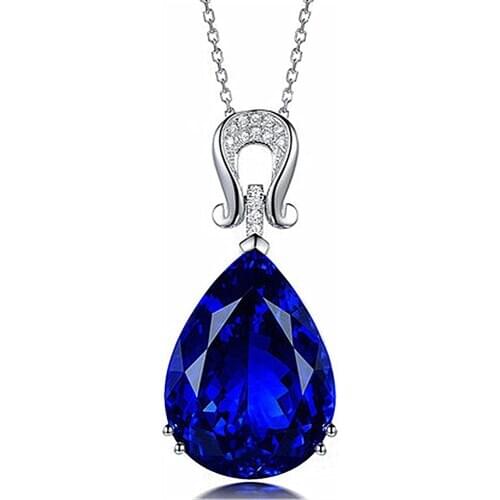 Vintage luxury blue crystal sapphire gemstones diamonds pendant necklaces for women white gold silver color choker jewelry gifts
