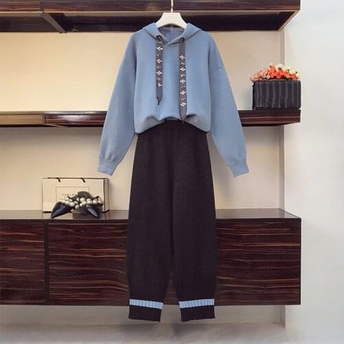 High Quality Knitted Tracksuit 2 Piece Set Autumn Womens Hooded Pullover Top + Casual Pants Two Piece Set Knit Sweatshirts Suit