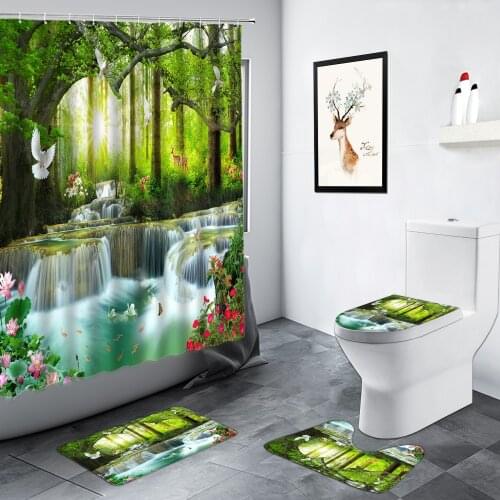 Forest Waterfall Shower Curtain Green Plant Trees Flowers Animals Spring Scenery Bathroom Decor Carpet Non-slip Rug Bath Mat Set