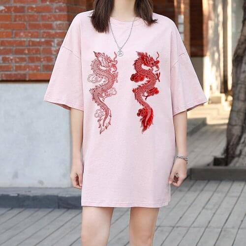 Dragon Graphic Oversized Harajuku Shirts Top Women Cotton Long Vintage 90s Aesthetic Short Sleeve O Neck Tees Fashion Streetwear