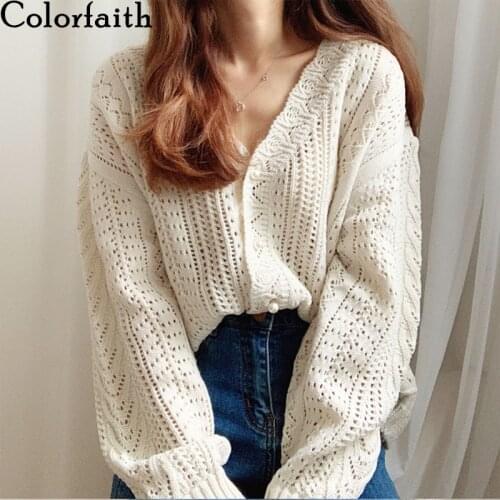 Colorfaith New 2021 Spring Autumn Womens Knitwear Knitted Buttons Cardigans Cutout Korean Vintage Wild Lady Short Top SWC1304JX