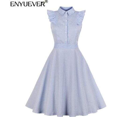 Enyuever Elegant Women Summer Dress Vintage Clothes Ruffle Sleeve Button Robe Pinup Swing Blue Striped Casual Dress Streetwear