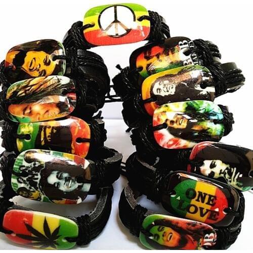 Brand New 24PCs Bob Marley Cuff Bracelets Jamaica Reggae Rasta pu Leather wristband Wholesale bulk Lots for men women unisex
