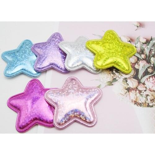 60pcs/lot 4cm Glittery Laser PU star Padded Patches for Baby Girls Hair Accessories Appliques for Crafts BB Clips Ornament