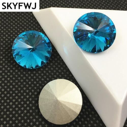 Aquamarine Color 6,8,10,12,14,16,18mm RIVOLI CRYSTAL POINTED BACK Rhinestones Round Glass Stone for Dress Making
