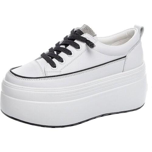 White Genuine Leather Platform Heel Women Flats Shoes Lace up Soft Comfortable Walking Casual Creepers Thick Chunk Sneaker