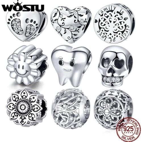 WOSTU Authentic 925 Sterling Silver Heart Tooth Beads Charms Pendant Fit Bracelets Women Party DIY Fine Jewelry Gift Making