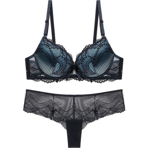 Bra Set Women Big Push Up Brassiere Appliques Underwire Bow Decoration Thong Underwear Lingerie Women