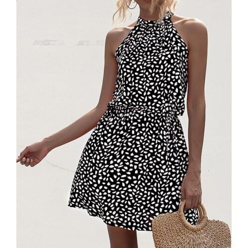 Elegant Summer Dress Women Casual Floral Print Hang Neck Sleeveless Mini Tank Dress Summer Holiday Casual Beach Dress