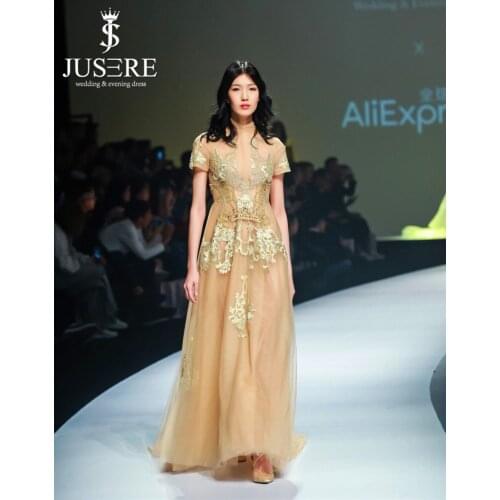 Jusere High Neck Illusion Embroidery Short Sleeves Unique Design Slight Prom Party Gown Elegant Golden Evening Dress 2018