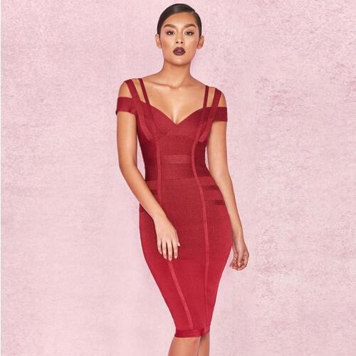 Concise Off Shoulder Spaghetti Strap V Neck Short Sleeve Keen Length Bandage Dress