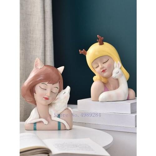Creativity Resin Character Abstract Sculpture Girl Lovely Animal Fox Girl Birthday Present Modern Home Decoration Figurine