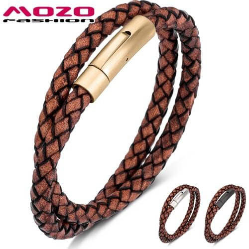 MOZO FASHION 2021 Hot Women Trendy Genuine Leather Rope Chain Stainless Steel Jewelry Retro Hand Strap Men Bracelets 610