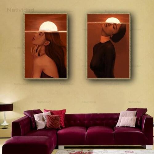 Wall Art Pictures Beautiful Woman Posters and Prints Red-Tone Sunset Background Frameless Canvas Painting Decor for Bedroom Home