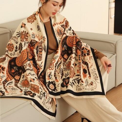 New Woman Fashion European And American Style Horse Pattern Printing Cashmere Shawl Multifunction Warm Scarf Gift