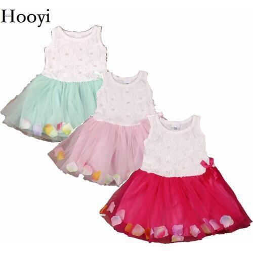 Hooyi Summer Baby Girls Dress Sleeveless Rose Petal Dress Lace Pearl Newborn Dresses Baby Girl Clothes Infantil Vestidos Jumper