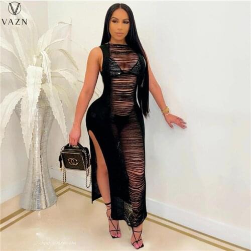 VAZN 2021 See Through Hole Out Pleated Maxi Dress Women Elegant Fashion Dress Slim Dress Club Birthday Shinny Dress