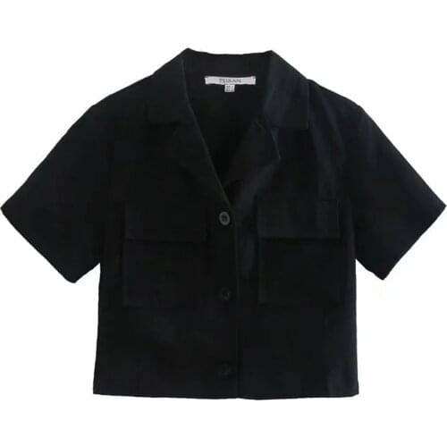 Shirt with collar summer Short Sleeve Fashion Cotton shirts Vintage Women Short Blouse tops Loose pocket single-breasted tees