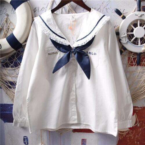 Japan Lolita White Shirts Women Vintage Princess Ruffle Lace Tops Teen Girl Sailor Collar Button Down Cute School Uniform Blouse