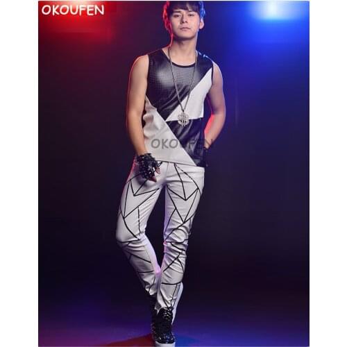 Bar Nightclub City Boys Singers Costumes Stage Equipment Black and White Mosaic Stitching Vest set