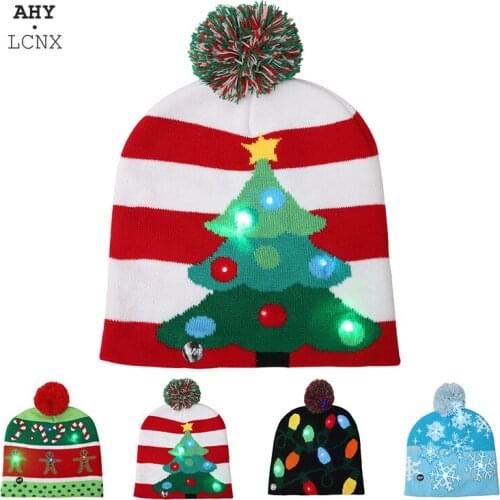 Christmas Baby Hat Or Scarf Set Winter Warm Knitted Beanie Santa LED Light Up Hats for Kids Adult New Year Party Warmer Cap