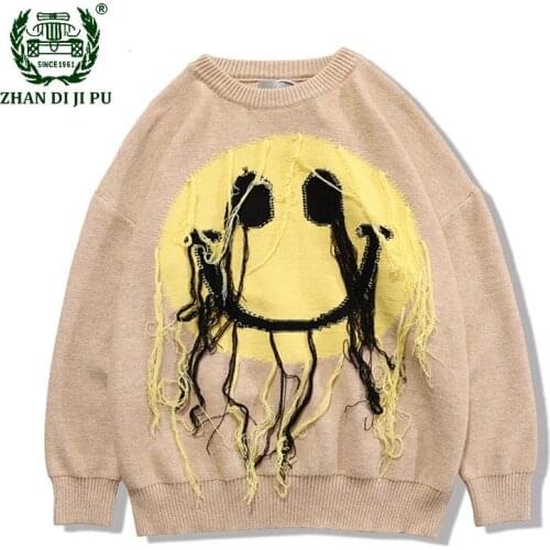 Harajuku Smiley Knitting Sweaters Mens Hip Hop Oversized Loose All-match Casual Tassel Sweater Pullover Unisex Clothing Autumn