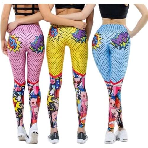 WOW Printed Gym Trousers Joggers Women Stretchy Blue Leggings Sport Fitness Cartoon Tights Exercise Pants for Women