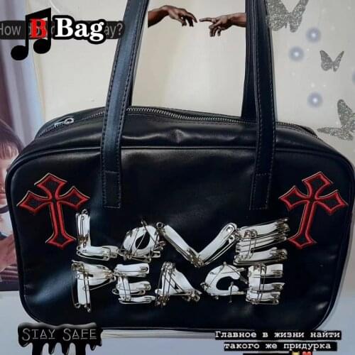 Women punk love peace Handbag Vintage Gothic street cross large capacity single shoulder JK travel bag pin leatherPU Uniform bag