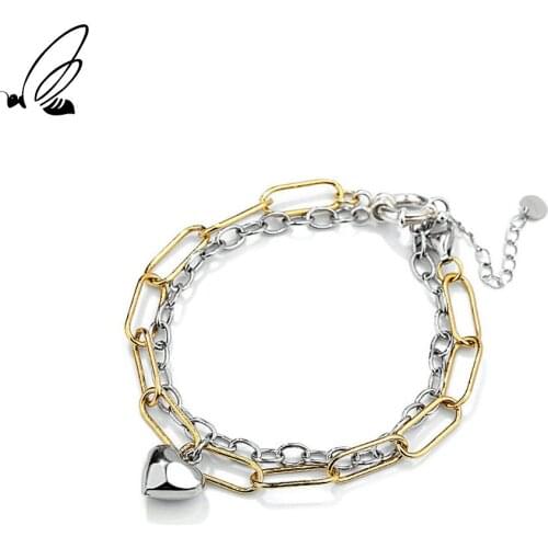 SSTEEL Sterling Silver 925 Double-layer Chain Design Heart Charms Bracelet Gold Gift For Women Personalized Minimalist Jewelry