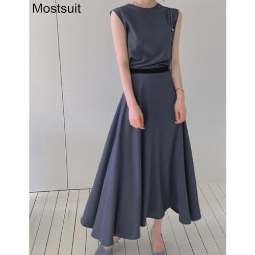 Korean Elegant 2 Piece Skirt Set Women Sleeveless Vest + High Waist A-line Long Skirt Matching Set Solid Fashion Skirt Set