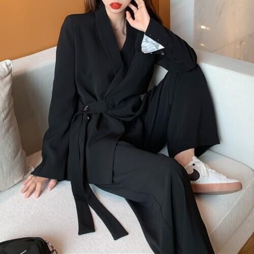 Vintage 2021 Two Pieces Set Women Blazer Set Lace Up Notched Blazer & Loose Pant Women Pant Suits Female Trouser Suit