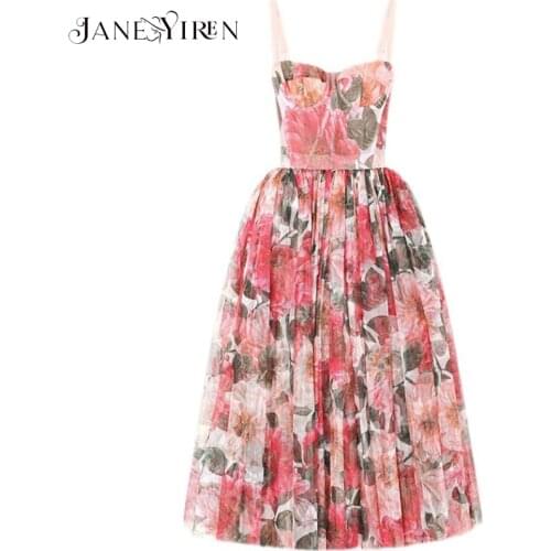 Janeyiren 2021 fashion summer Women dress Sexy Spaghetti Strap Bohemia vintage Mesh Flowers print Party Midi dress