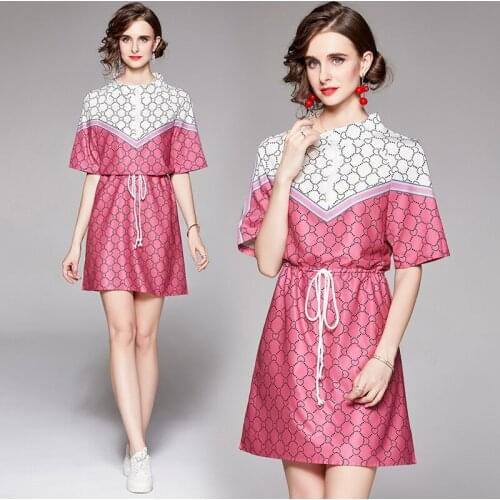 New Summer Vintage Heart Print Stand Mock Neck Short Sleeve Empire Waist Women Ladies Party Casual A-Line Knee Length Midi Dress