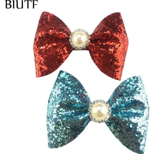 50pcs/lot 3.4*2.6'' Synthetic Leather Glitter Hair Bow with Rhinestone Stone Girl Hairbow Clip Accessories HDJ149