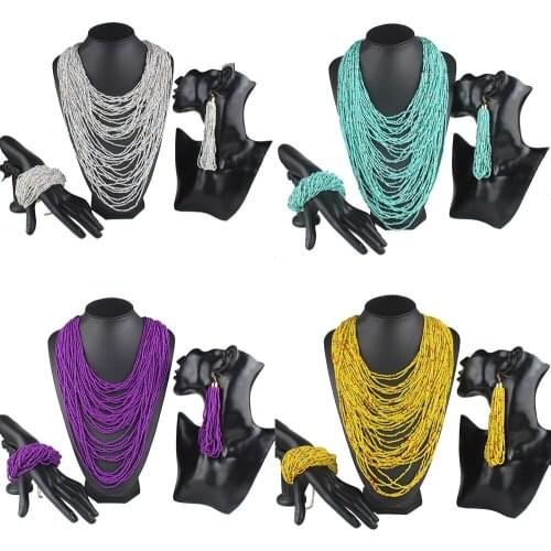 Bohemia Resin Necklace Multi Layer Vintage Beaded Handmade Choker Woman Collar Statement Necklace Bracelet Earring Set Jewelry