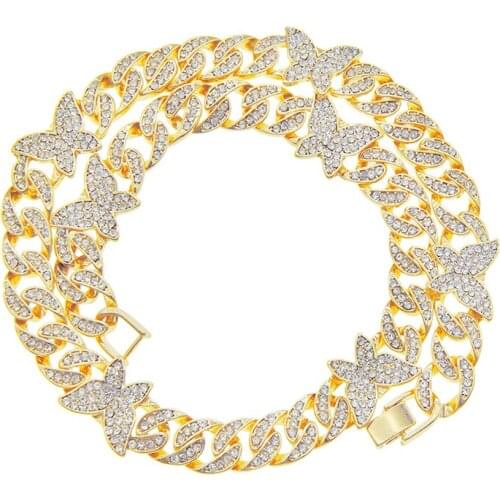 Karopel Fashion Inlaid Zircon Cuban Chain for Women Men Butterfly Full Zircon Necklace Bracelet 11MM Hip-Hop Cool Jewelry